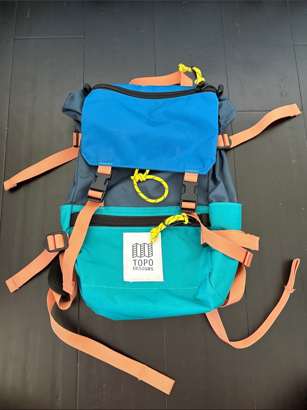 Topo Designs Blue and Teal Backpack with Coral Straps